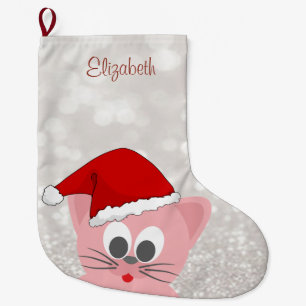 Cute Cat With Santa Hat, Glittery Bokeh Large Christmas Stocking