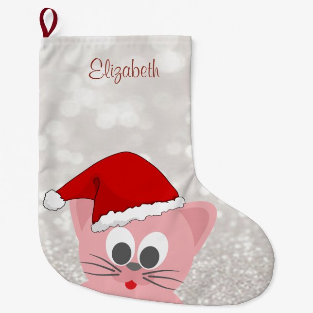 Cute Cat With Santa Hat, Glittery Bokeh Large Christmas Stocking (Front)