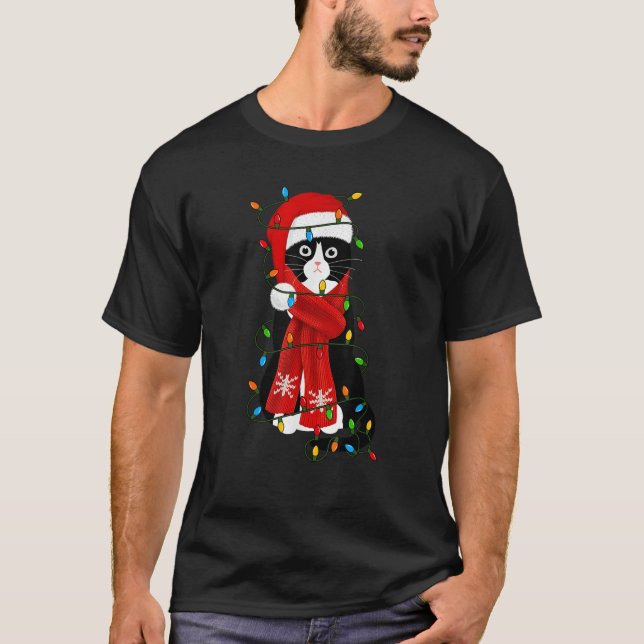 Cute Cat with Santa Hat Lights Funny Christmas Tee (Front)