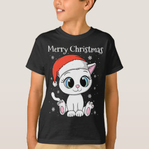 Cute Cat with Santa Hat Merry Christmas T-Shirt
