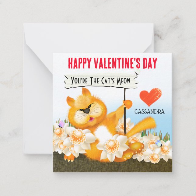 Cute Cat with Sign Classroom Valentine Card (Front)