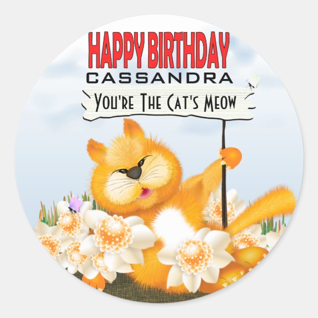 Cute Cat with Sign | Happy Birthday Classic Round Sticker (Front)