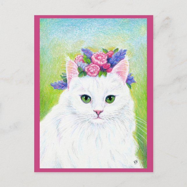 Cute Cat with Spring Flowers Hat pink postcard (Front)