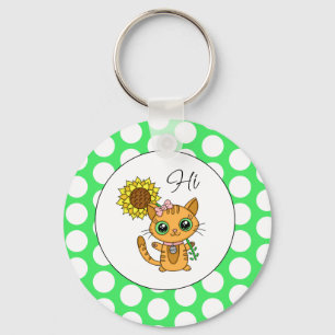 Cute Cat with Sunflower And Polka Dots Key Ring