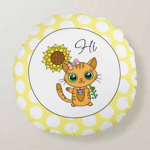 Cute Cat with Sunflower And Polka Dots Round Cushion