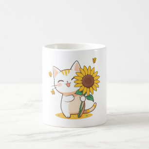 Cute Cat with Sunflower Kawaii Design Coffee Mug