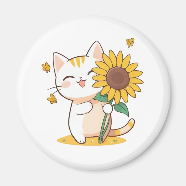 Cute Cat with Sunflower Kawaii Design Magnet (Front)