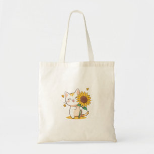 Cute Cat with Sunflower Kawaii Design Tote Bag