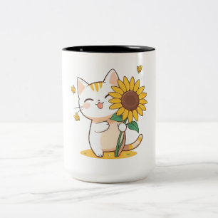 Cute Cat with Sunflower Kawaii Design Two-Tone Coffee Mug