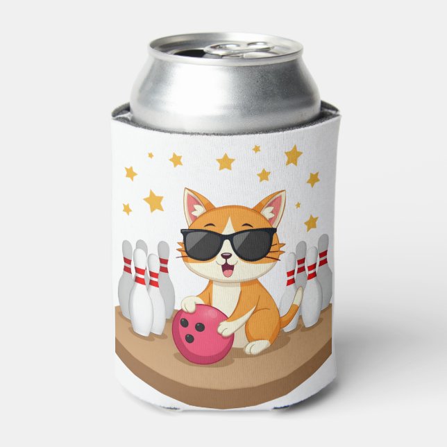 Cute Cat With Sunglasses Cat Playing Bowling For m Can Cooler (Can Front)