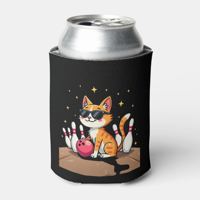 Cute Cat With Sunglasses Cat Playing Bowling For m Can Cooler (Can Front)