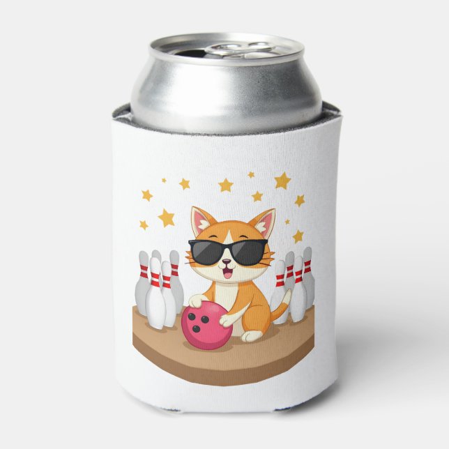 Cute Cat With Sunglasses Cat Playing Bowling For m Can Cooler (Can Front)