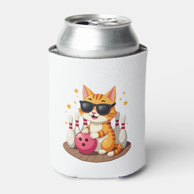Cute Cat With Sunglasses Cat Playing Bowling For m Can Cooler (Can Front)