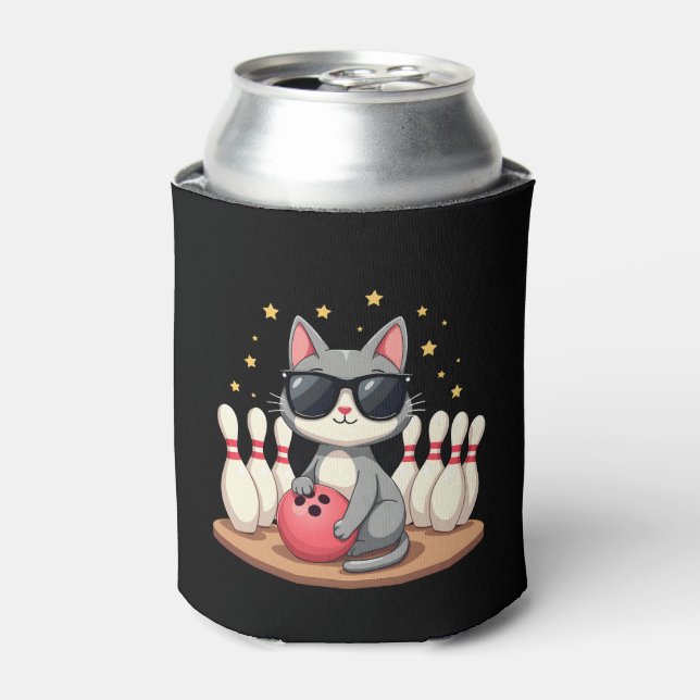Cute Cat With Sunglasses Cat Playing Bowling For m Can Cooler (Can Front)