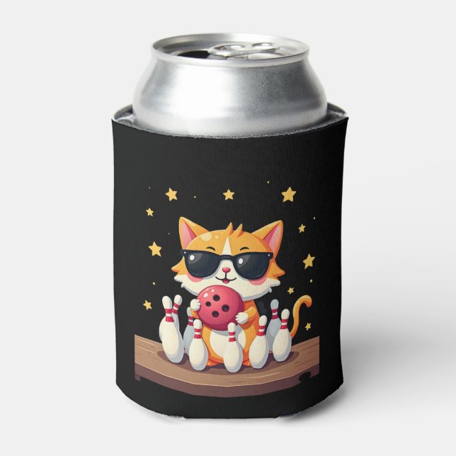 Cute Cat With Sunglasses Cat Playing Bowling For m Can Cooler (Can Front)