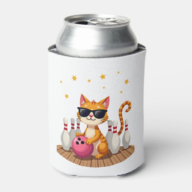 Cute Cat With Sunglasses Cat Playing Bowling For m Can Cooler (Can Front)