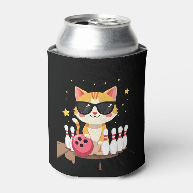 Cute Cat With Sunglasses Cat Playing Bowling For m Can Cooler (Can Front)