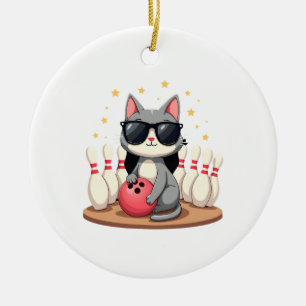 Cute Cat With Sunglasses Cat Playing Bowling For m Ceramic Tree Decoration