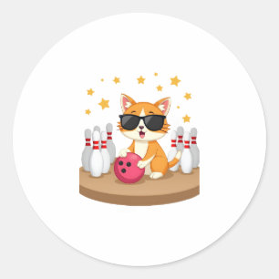 Cute Cat With Sunglasses Cat Playing Bowling For m Classic Round Sticker
