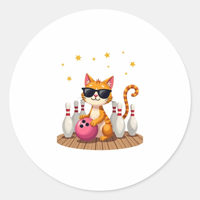 Cute Cat With Sunglasses Cat Playing Bowling For m Classic Round Sticker (Front)