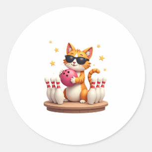 Cute Cat With Sunglasses Cat Playing Bowling For m Classic Round Sticker