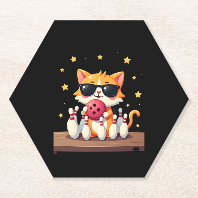 Cute Cat With Sunglasses Cat Playing Bowling For m Paper Coaster (Front)