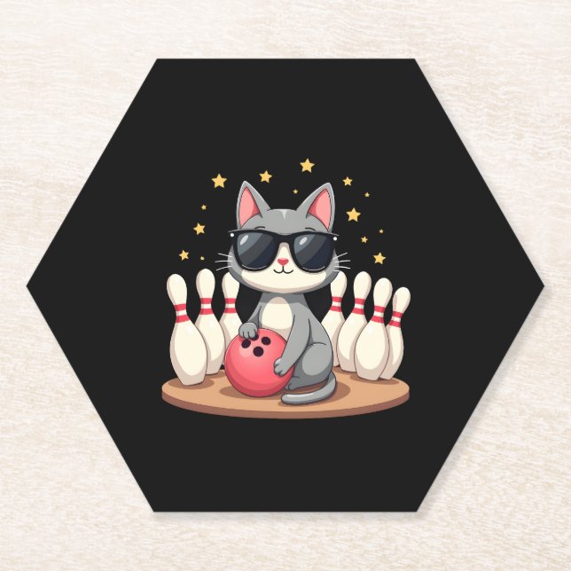 Cute Cat With Sunglasses Cat Playing Bowling For m Paper Coaster (Front)