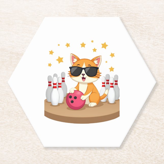 Cute Cat With Sunglasses Cat Playing Bowling For m Paper Coaster (Front)