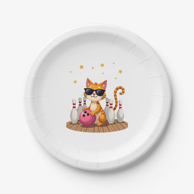 Cute Cat With Sunglasses Cat Playing Bowling For m Paper Plate (Front)