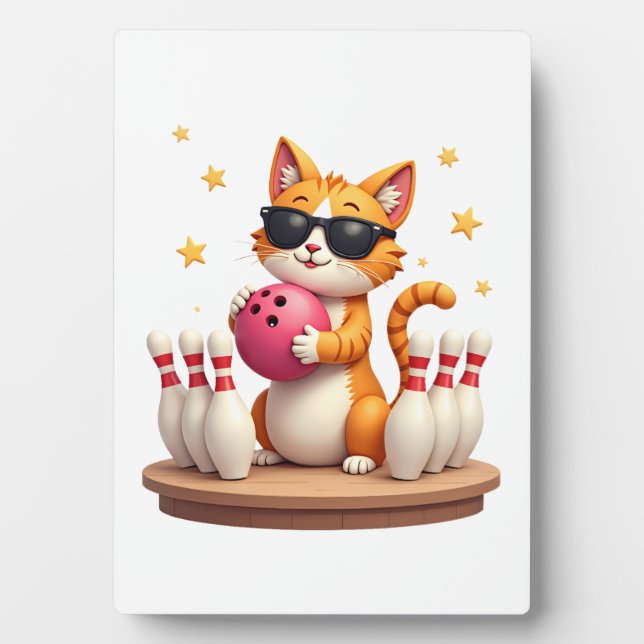 Cute Cat With Sunglasses Cat Playing Bowling For m Plaque (Front)