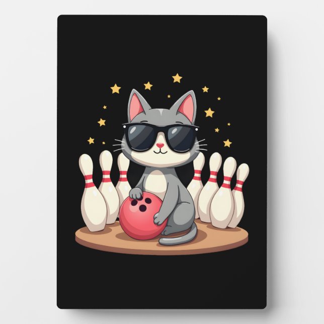 Cute Cat With Sunglasses Cat Playing Bowling For m Plaque (Front)