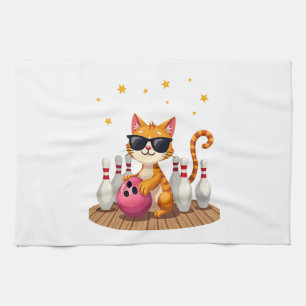Cute Cat With Sunglasses Cat Playing Bowling For m Tea Towel