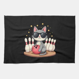 Cute Cat With Sunglasses Cat Playing Bowling For m Tea Towel