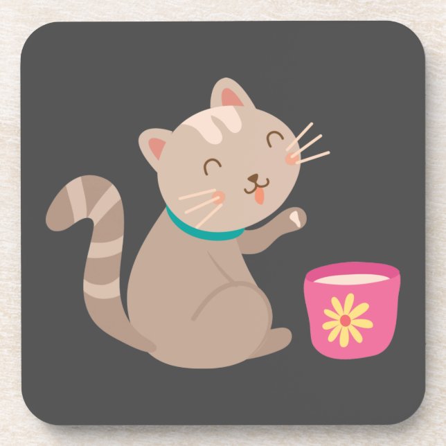 Cute cat with teacup cartoon coaster (Front)