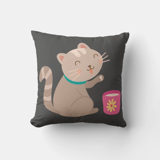 Cute cat with teacup cartoon cushion (Front)