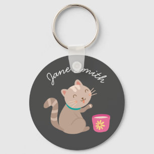 Cute cat with teacup cartoon key ring