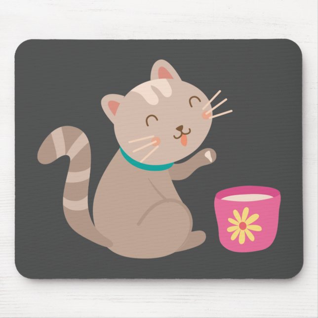 Cute cat with teacup cartoon mouse mat (Front)