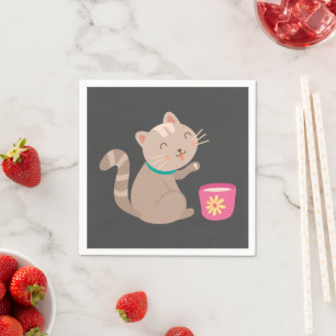 Cute cat with teacup cartoon napkin