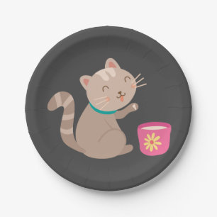 Cute cat with teacup cartoon paper plate