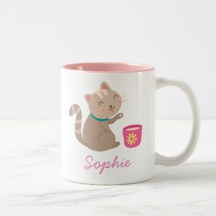 Cute cat with teacup cartoon Two-Tone coffee mug
