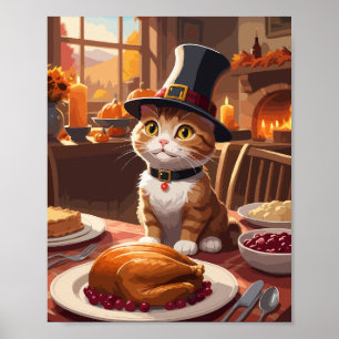 Cute cat with Thanksgiving Turkey Poster