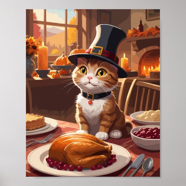Cute cat with Thanksgiving Turkey Poster (Front)