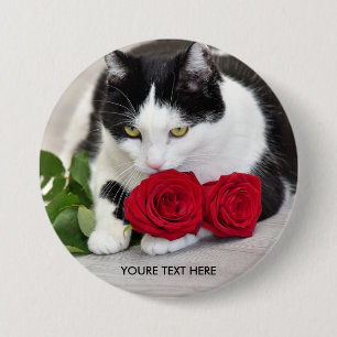 Cute cat with the red rose 7.5 cm round badge