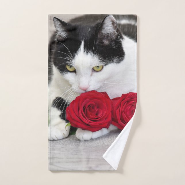 Cute cat with the red rose hand towel (Hand Towel)