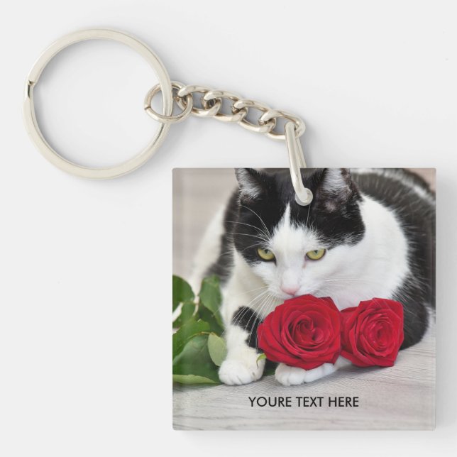 Cute cat with the red rose key ring (Front)