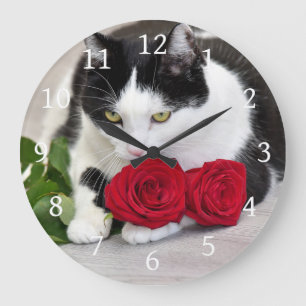 Cute cat with the red rose large clock