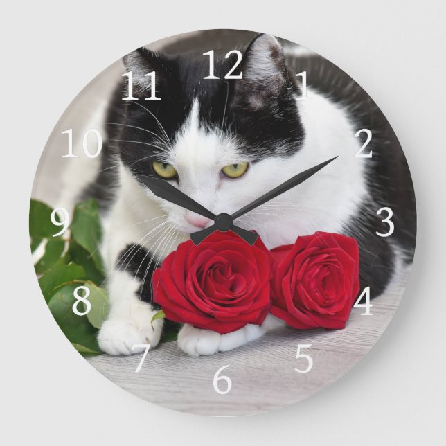 Cute cat with the red rose large clock (Front)