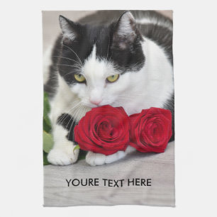 Cute cat with the red rose tea towel