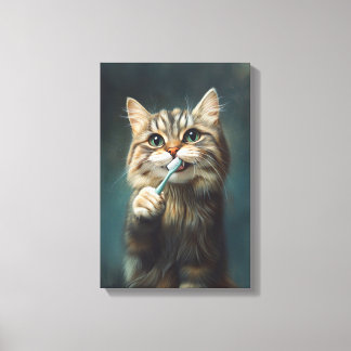 Cute Cat with Toothbrush Perfect for Bathroom Canvas Print