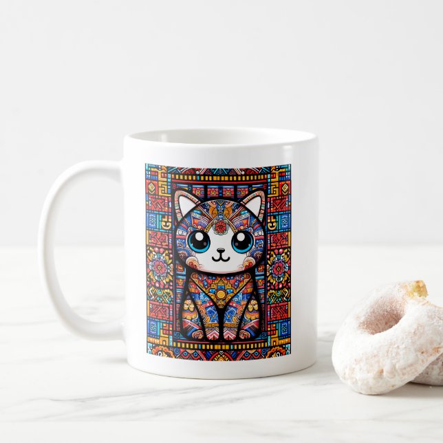 Cute Cat with Traditional Pattern Charm Coffee Mug (With Donut)